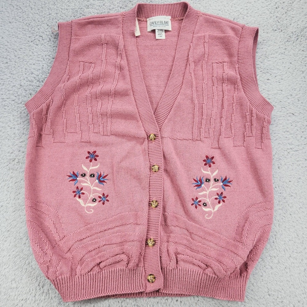 Carly Blake Vest Womens XL Pink Floral Embroidered Button Front Knit Sweater NEW